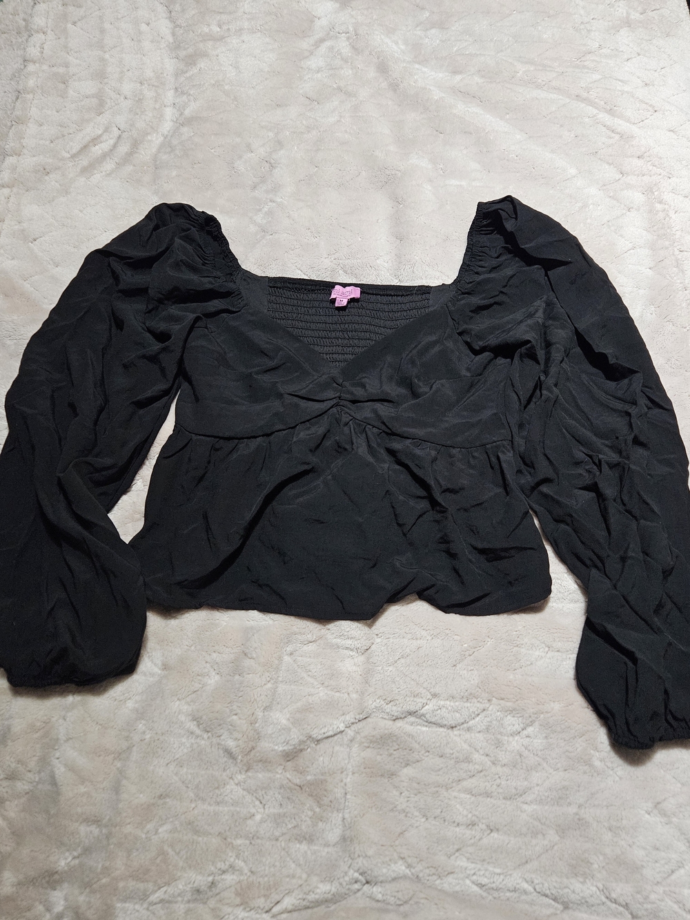Black Long-Sleeve Puff-Sleeve Women's Top